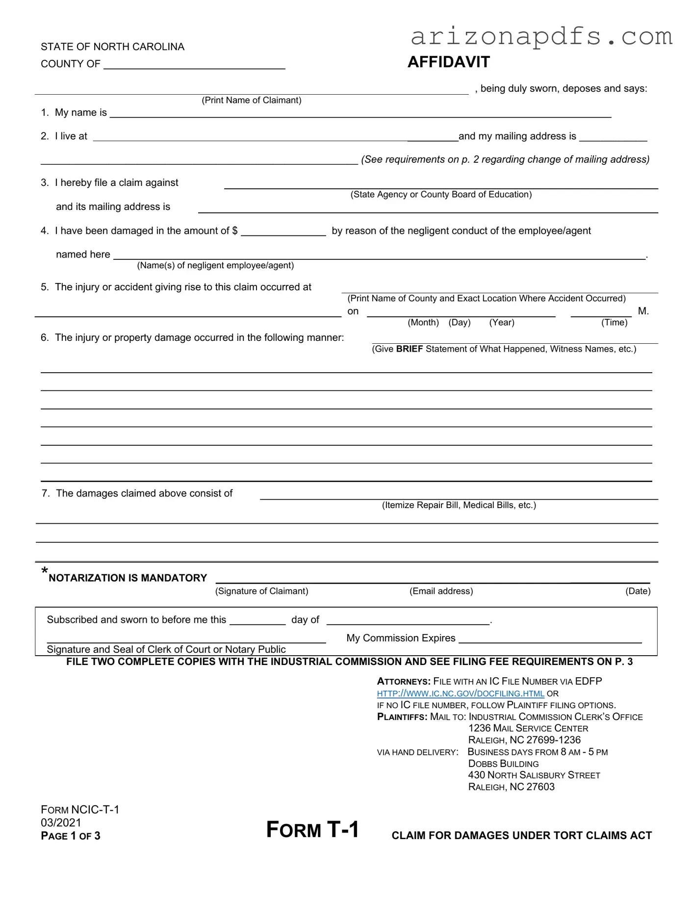 Blank Arizona Tort Claim PDF Template