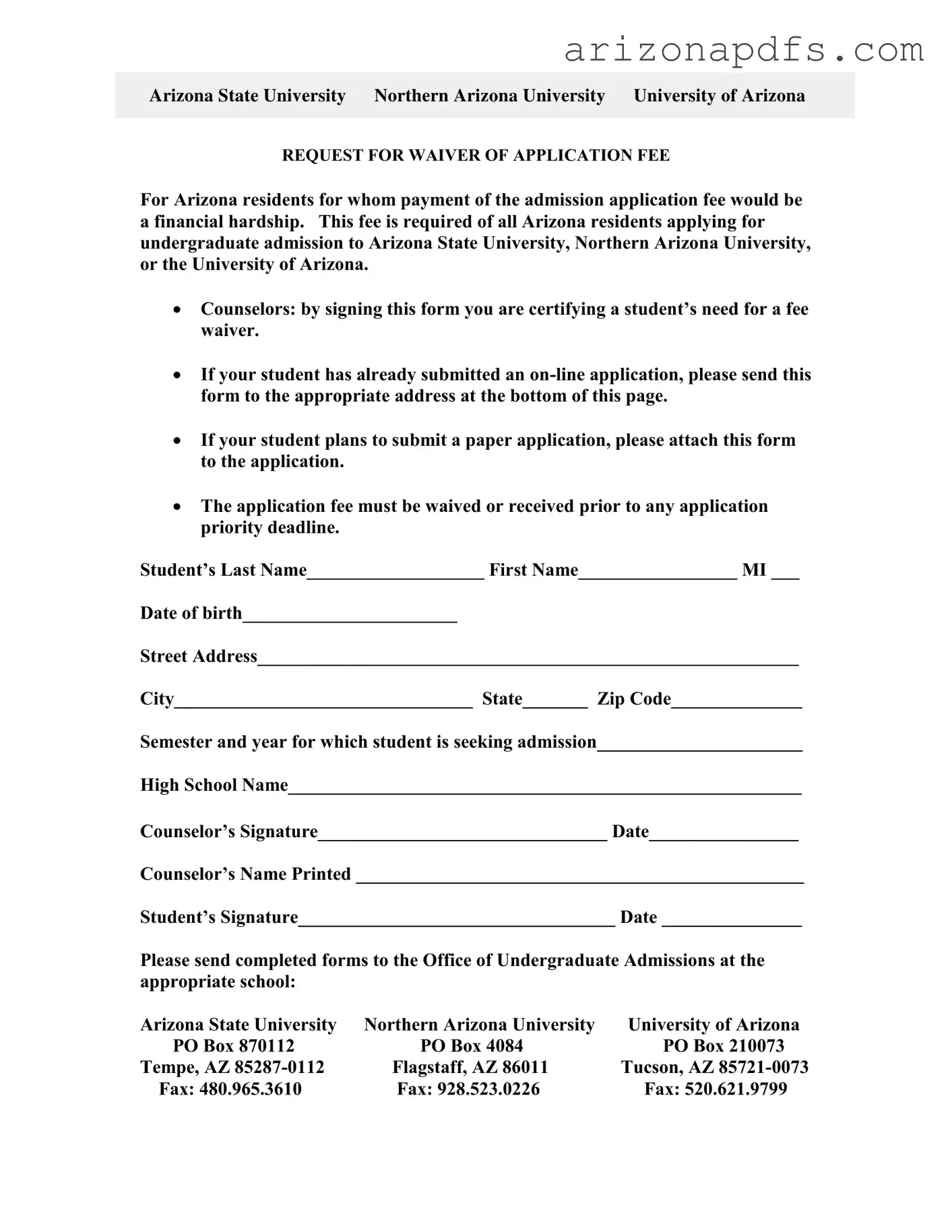 Blank Arizona University Application PDF Template