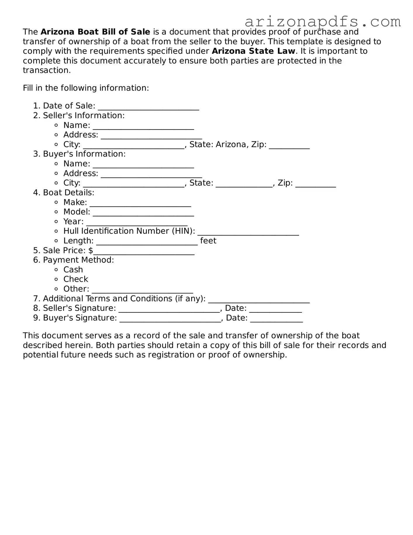 Official Arizona Boat Bill of Sale Form