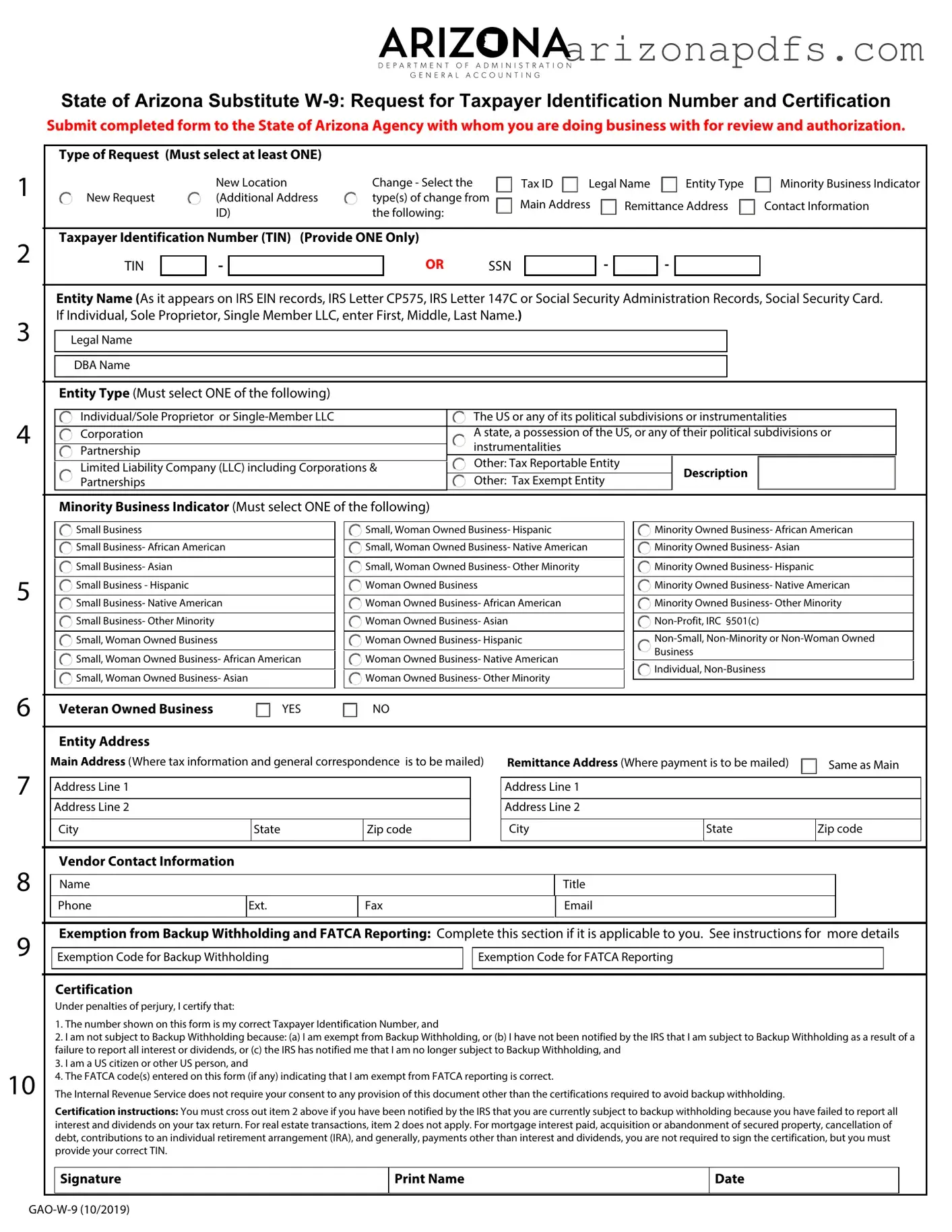 Blank Gao W 9 Arizona PDF Template