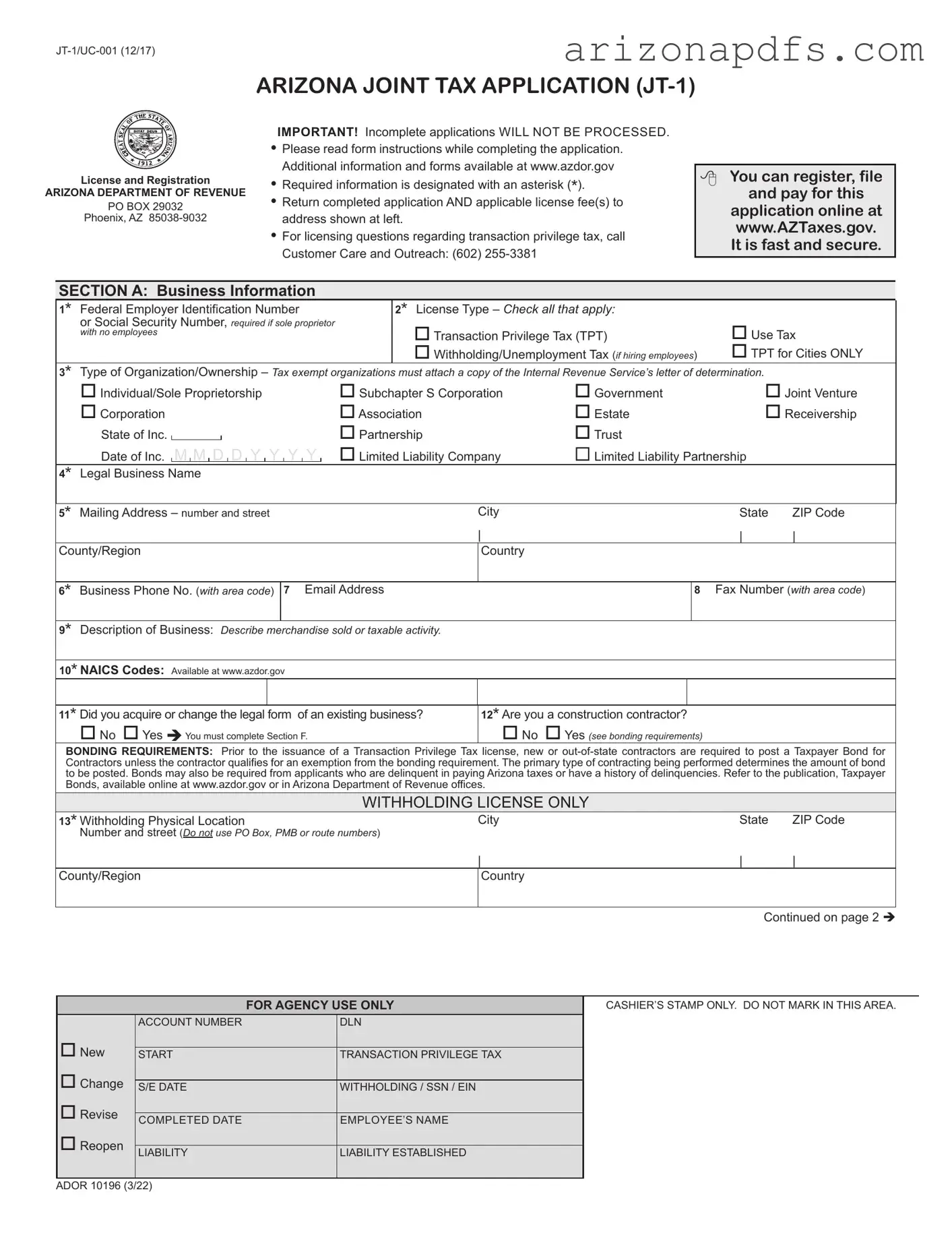 Blank Jt 1 Arizona Tax PDF Template