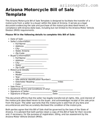 Official Arizona Motorcycle Bill of Sale Form