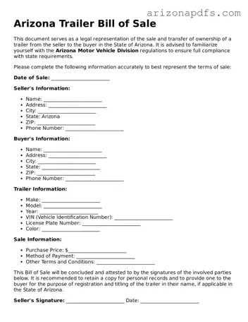 Official Arizona Trailer Bill of Sale Form