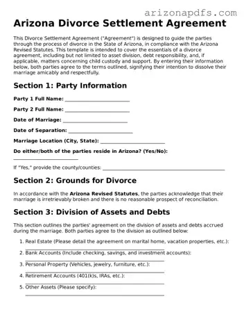 Official Arizona Divorce Settlement Agreement Form