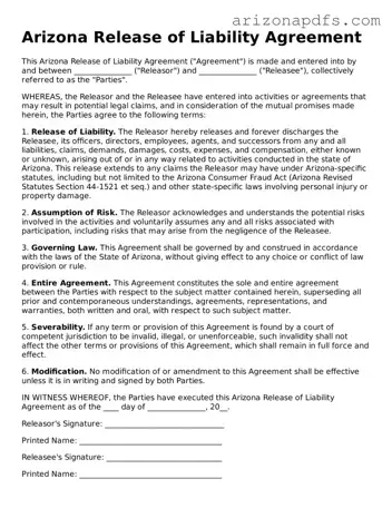 Official Arizona Release of Liability Form