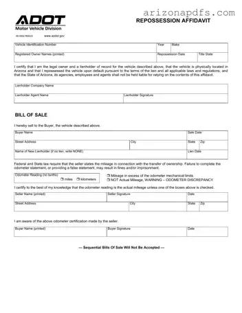 Blank Arizona Repossession Affidavit PDF Template