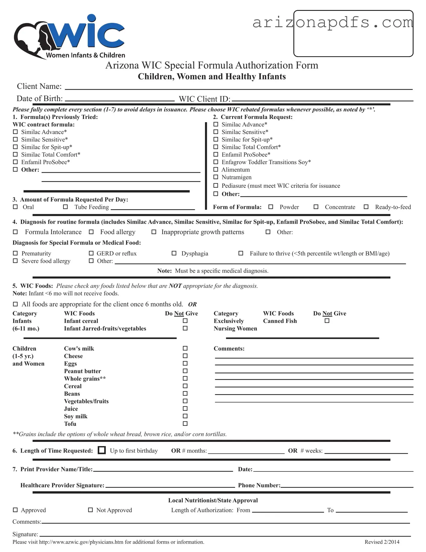 Blank Wic Arizona PDF Template